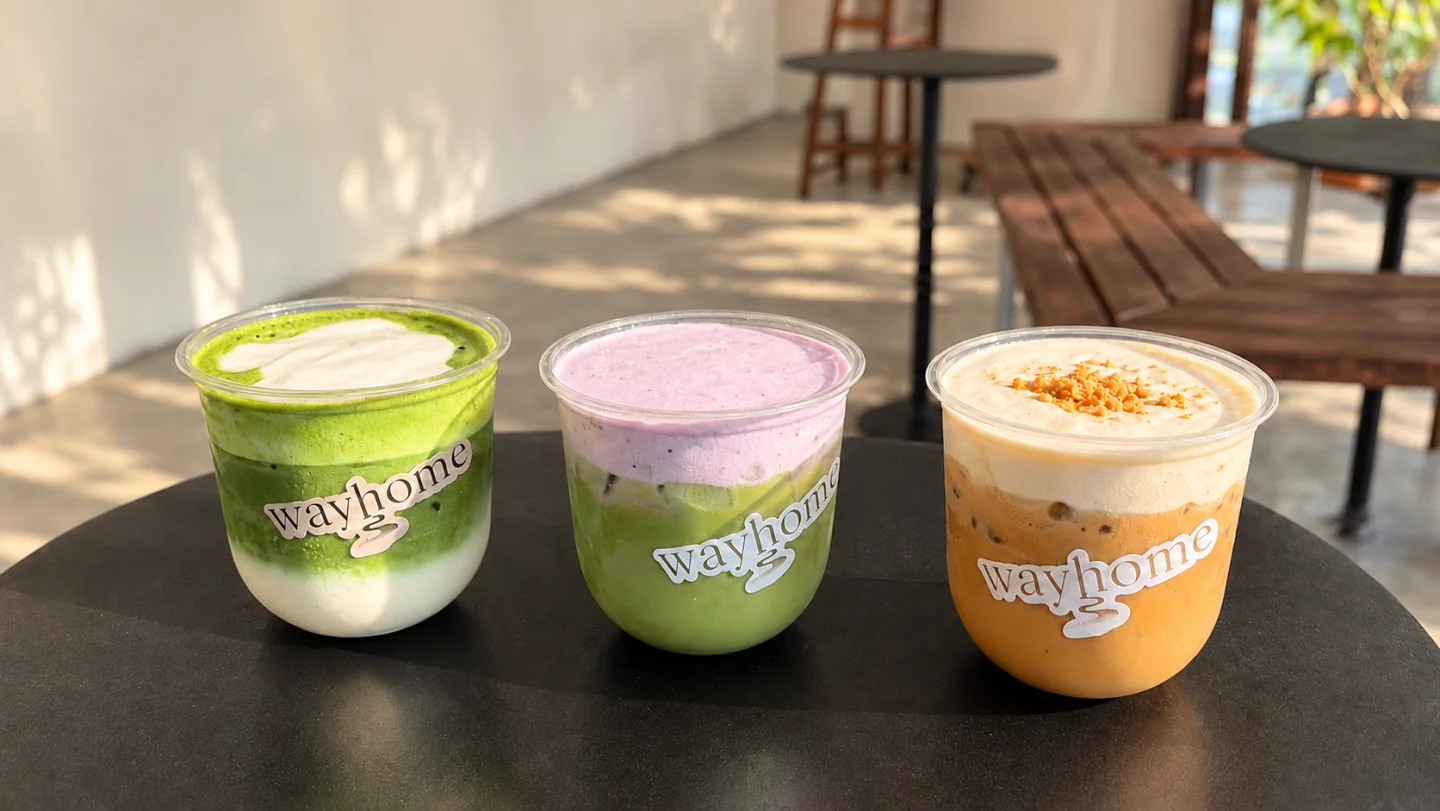 Matcha, blueberry duo matcha and sweet potato einspänner, layered with cream on a black cafe table.