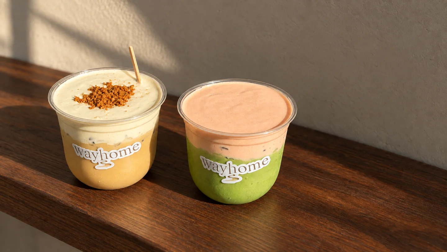 Banana cream injeolmi and peach yogurt matcha lattes on a walnut bench.