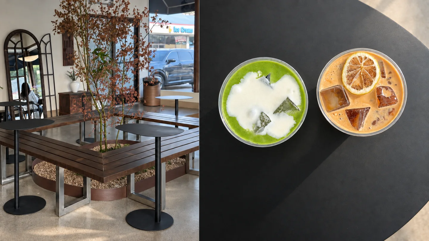 Iced matcha and coffee with lemon, viewed from above.