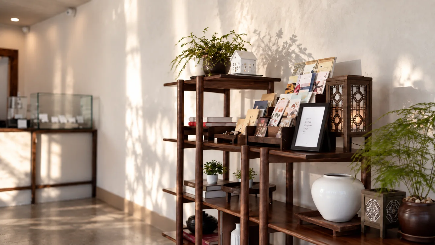 Old walnut shelves with white pottery, plants and small wooden decorative objects.