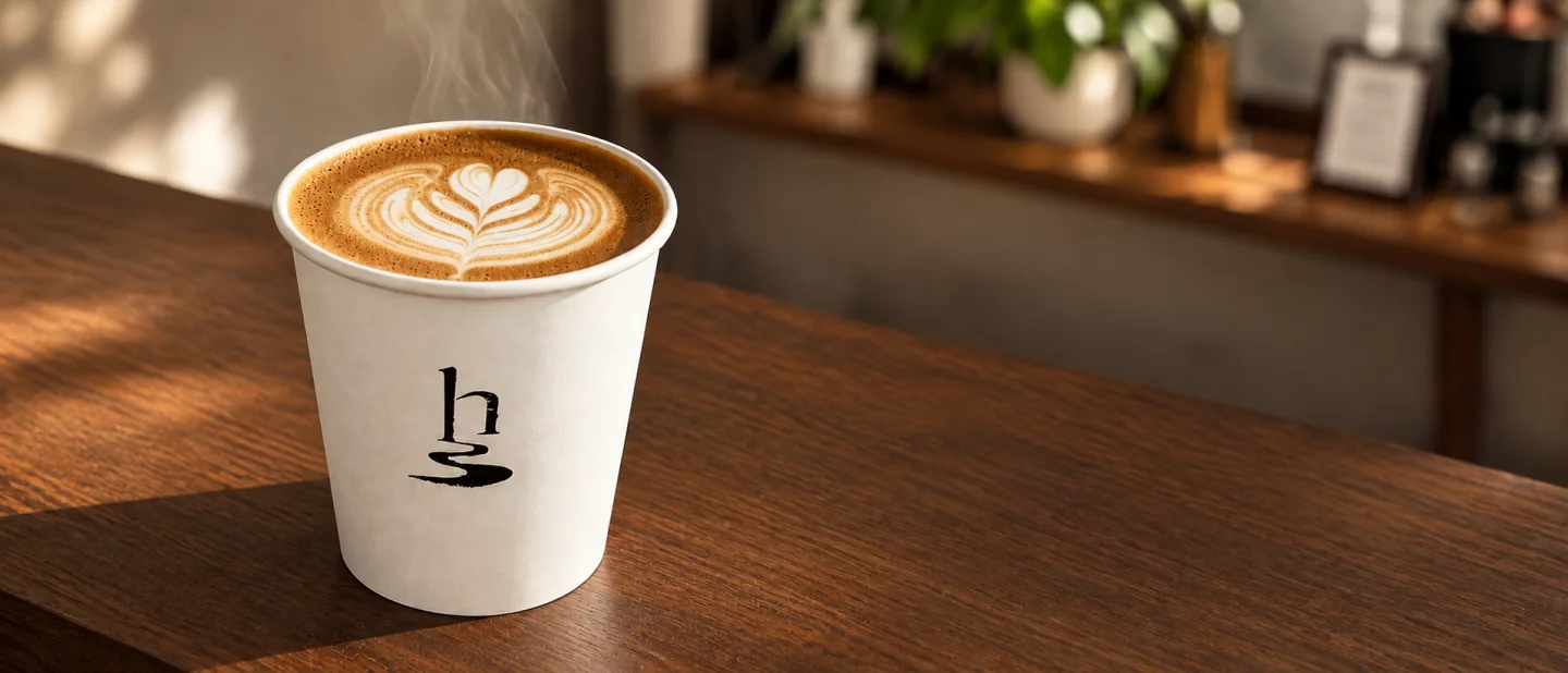 Rosetta latte art in a Way Home paper cup on the walnut counter.