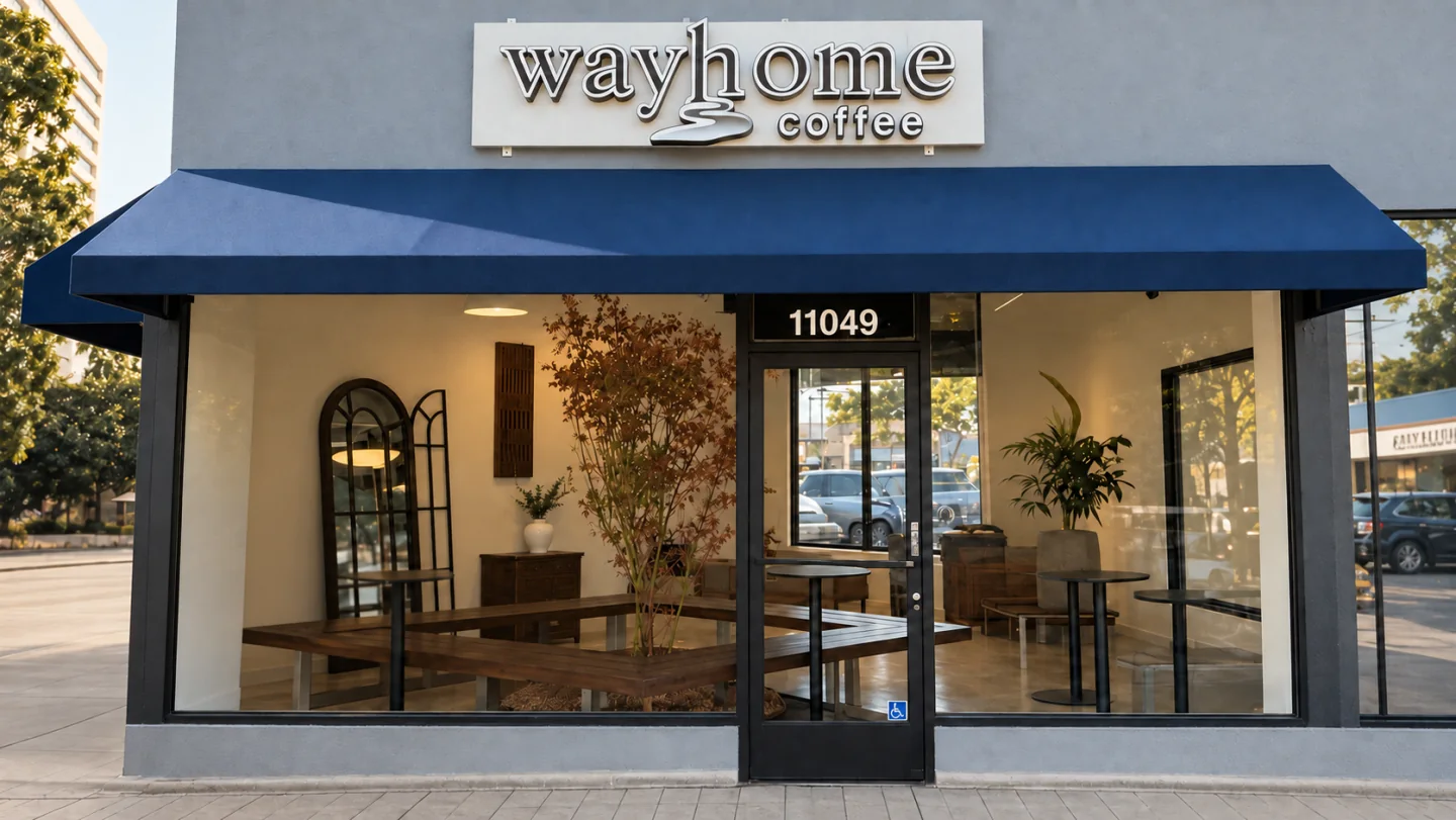 The Way Home Coffee storefront with its navy awning and entrance at 11049 Santa Monica Boulevard.