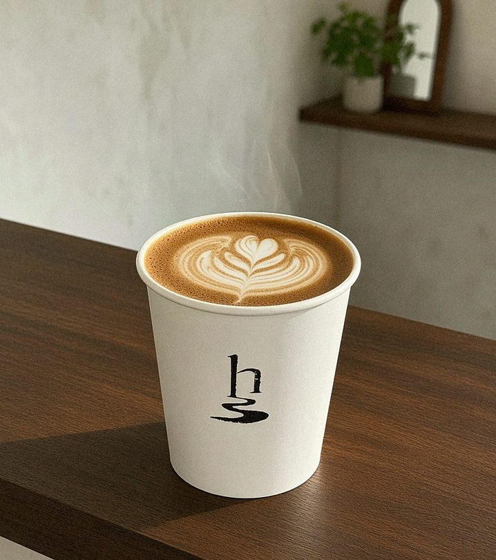 A hot latte with rosetta art in a Way Home paper cup on the walnut counter.