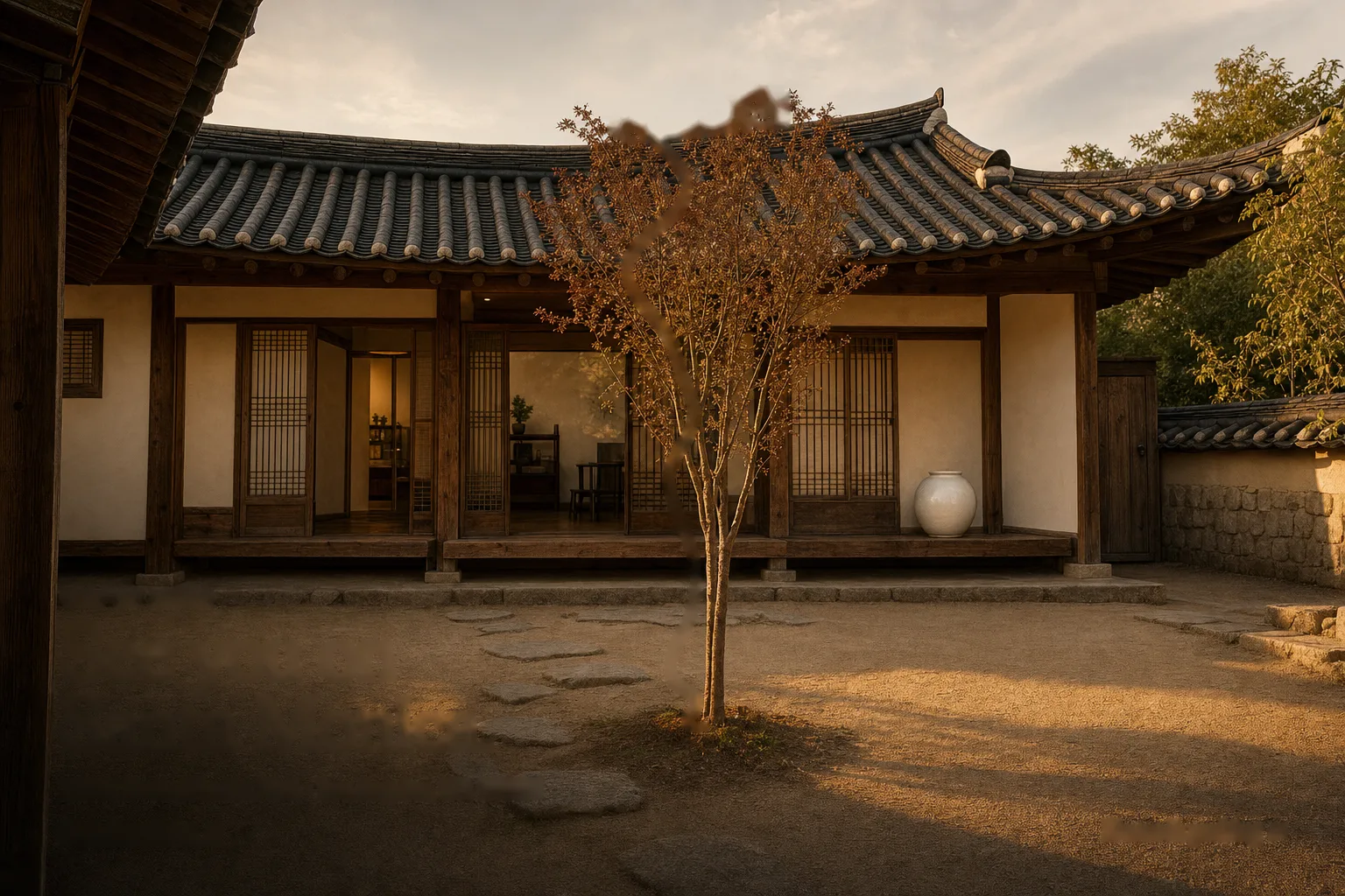 A hanok courtyard at golden hour: a single slender tree in the middle, paper-screen doors and a white moon jar on the porch.