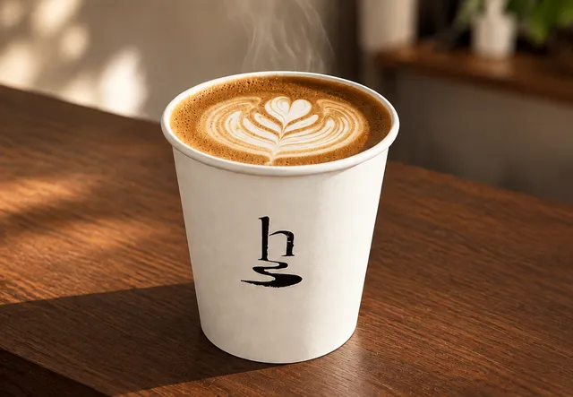 Rosetta latte art in a wayhome paper cup on the walnut counter.